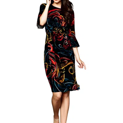 Connected Apparel Womens Printed Midi Shift Dress In Black