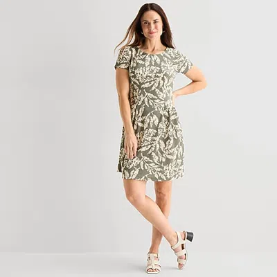 Connected Apparel Womens Round Neck Short Sleeve Fitted Floral Fit + Flare Dress In Green