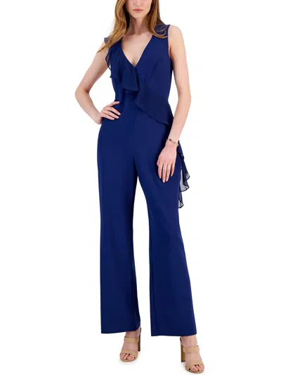 Connected Apparel Womens Ruffled Sleeveless Jumpsuit In Blue