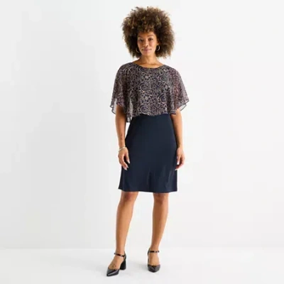 Connected Apparel Womens Short Sleeve Floral Overlay Sheath Dress In Blue