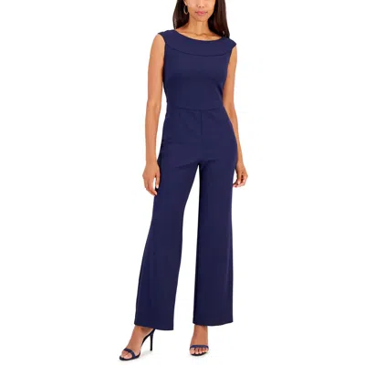Connected Apparel Womens Solid Crepe Jumpsuit In Blue