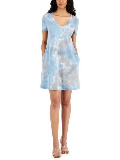 Connected Apparel Womens Tie-dye V Neck T-shirt Dress In Blue
