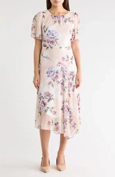 Connected Apparel Yoryu Flutter Sleeve Asymmetric Midi Dress In Pink