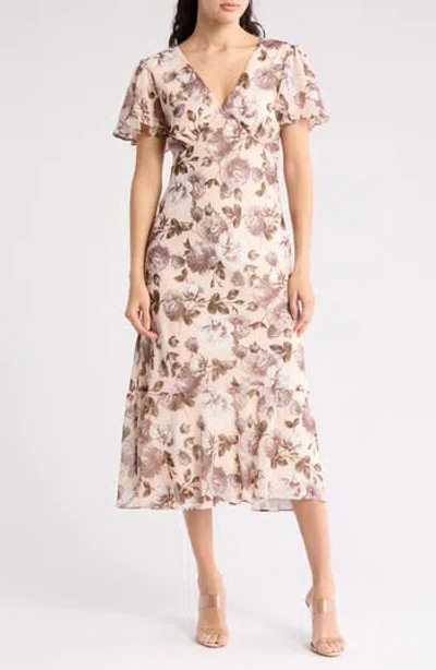 Connected Apparel Yoryu Flutter Sleeve Midi Dress In Cameo