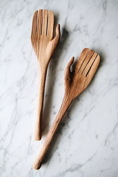Connected Goods Olive Wood Hand Salad Servers In Brown