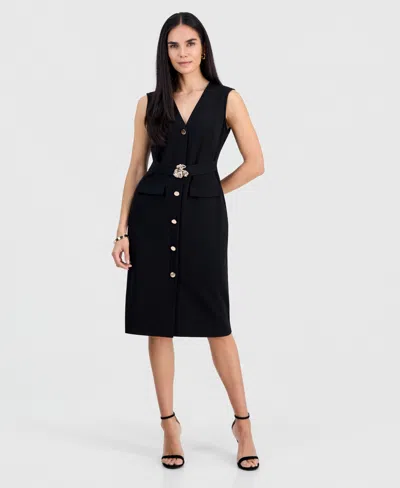 Connected Petite Belted Sleeveless Dress In Black