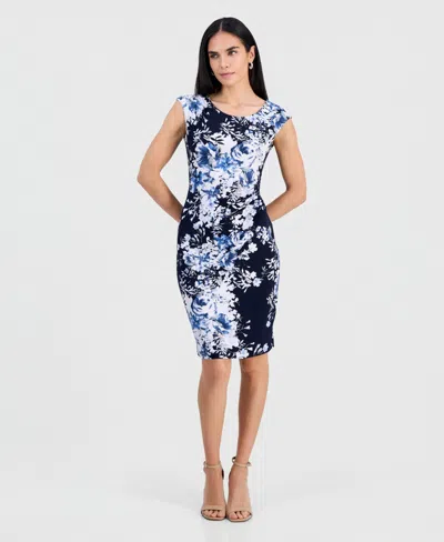 Connected Petite Boat-neck Sheath Dress In Blue