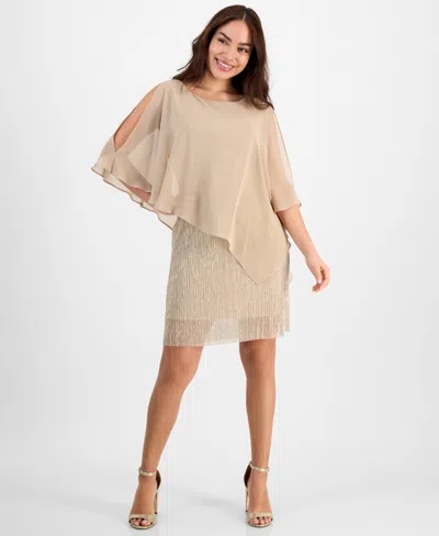 Connected Petite Cape-overlay Metallic A-line Dress In Gold,silver