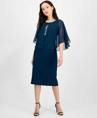 Connected Petite Cape Overlay Round Neck Dress In Blue