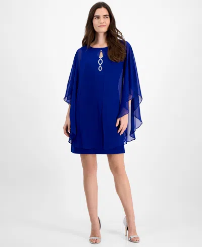 Connected Petite Chiffon-overlay Cape Dress In Deep Cobalt