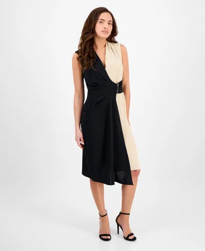 Connected Petite Colorblocked Faux-wrap Sleeveless Dress In Sand Black
