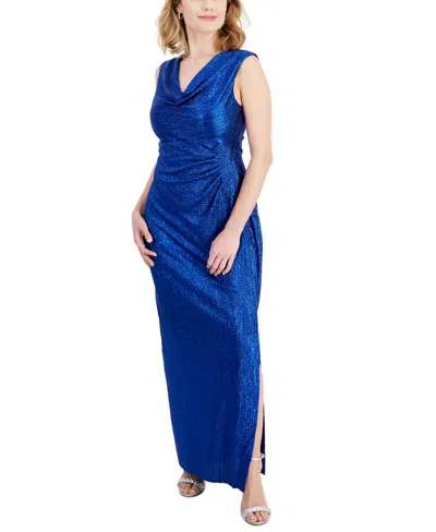 Connected Petite Cowlneck Metallic Gown In Royal