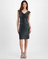 Connected Petite Cowlneck Metallic-threaded Cocktail Dress In Silver
