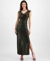 Connected Petite Cowlneck Metallic-threaded Evening Gown In Gold