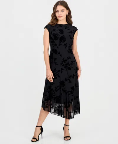 Connected Petite Flocked Velvet Hankie Midi Dress In Black