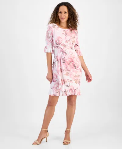Connected Petite Floral 3/4-sleeve Ruffle-hem Dress In Ivory Rose