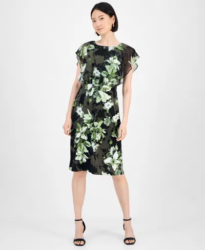 Connected Petite Floral Bodice-overlay Jersey Dress In Green