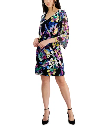 Connected Petite Floral Cape-sleeve A-line Dress In Maize
