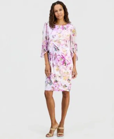 Connected Petite Floral Gathered Front Cape Sleeve Dress
