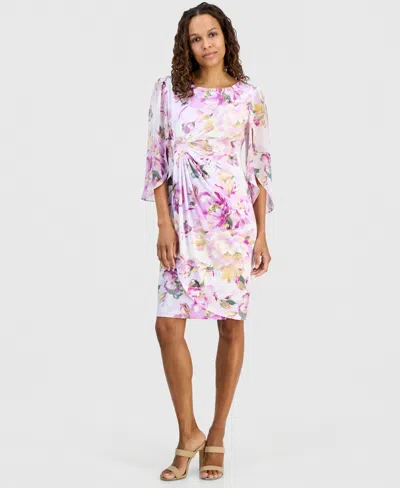 Connected Petite Floral Gathered-front Cape-sleeve Dress In Multi