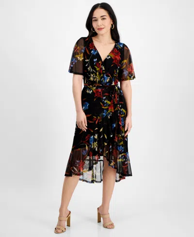 Connected Petite Floral High-low Wrap Sheath Dress In Spice