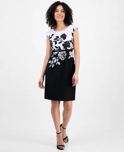 Connected Petite Floral Jewel-neck Belted Sheath Dress In Black