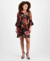 Connected Petite Floral-print Bell Flare-sleeve Dress In Multi