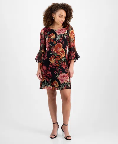 Connected Petite Floral-print Bell Flare-sleeve Dress In Multi