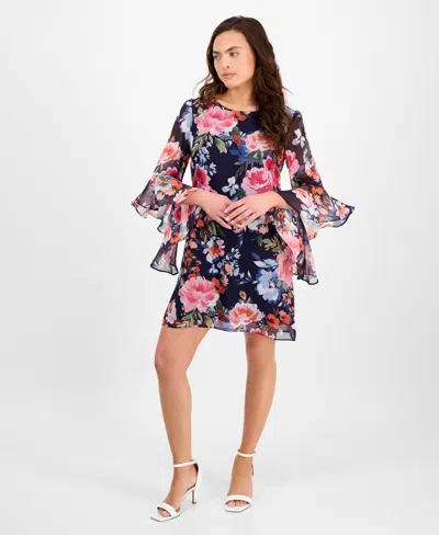 Connected Petite Floral-print Bell Flare-sleeve Dress In Navy