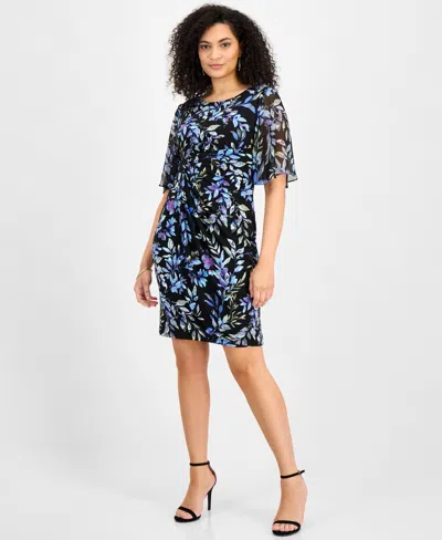 Connected Petite Floral-print Faux-wrap Dress In Periwinkle