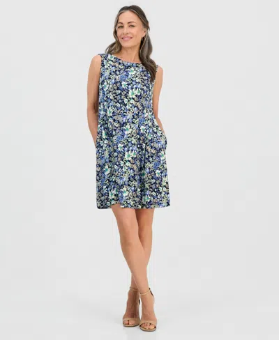 Connected Petite Floral Print Fit & Flare Dress In Blue