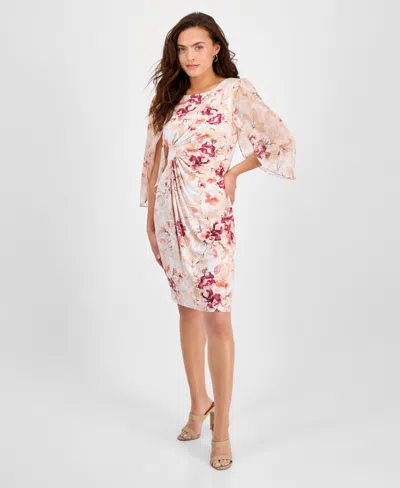 Connected Petite Floral-print Ruched Cape-sleeve Dress In Cameo