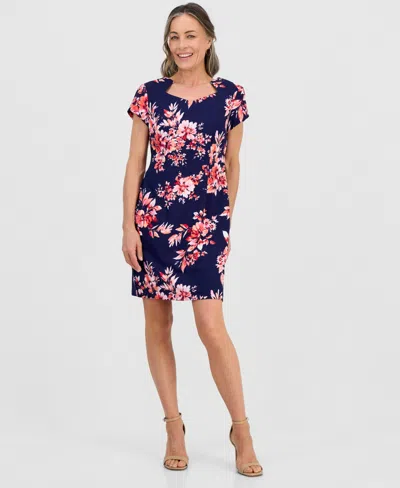 Connected Petite Floral Print Short-sleeve Sheath Dress In Nvy
