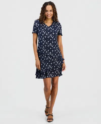 Connected Petite Floral Ruffle-tiered V-neck Sheath Dress In Blue