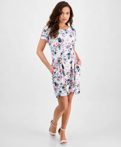Connected Petite Floral Short-sleeve Fit & Flare Dress In Ivory