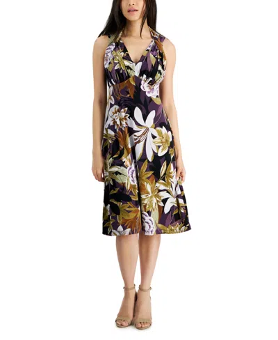 Connected Petite Floral Sleeveless Halter Sheath Dress In Grape