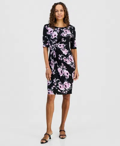 Connected Petite Floral Twist-front Elbow-sleeve Dress