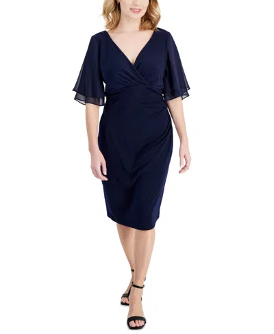 Connected Petite Flutter-sleeve Sheath Dress In Navy