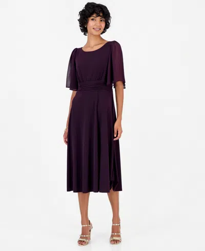Connected Petite Flutter-sleeve Midi Dress In Aubergine