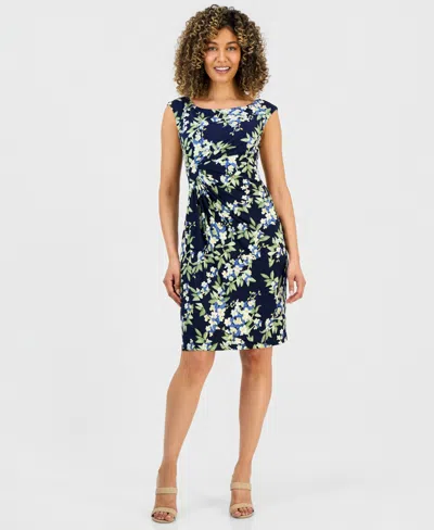 Connected Petite Gathered Floral Print Sheath Dress In Blue