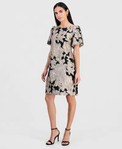 Connected Petite Jacquard Bubble-sleeve Boat-neck Dress In Brown
