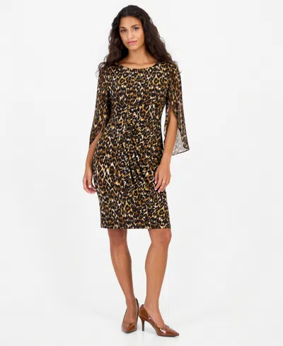 Connected Petite Leopard-print Tulip-sleeve Dress In Spice