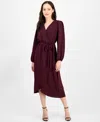 Connected Petite Long-sleeve Tied Wrap Dress In Burgundy
