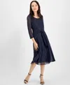 Connected Petite Mesh Tie-waist 3/4-sleeve Midi Dress In Blue