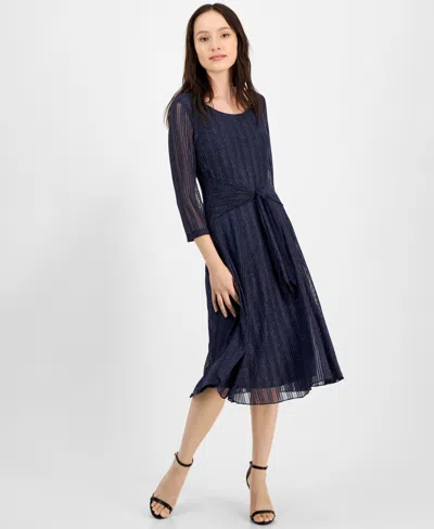 Connected Petite Mesh Tie-waist 3/4-sleeve Midi Dress In Blue