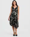 Connected Petite Metallic Floral Print Asymmetric Midi Dress