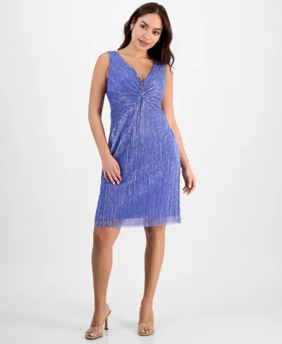 Connected Petite Metallic V-neck Twist-front Dress In Periwinkle Blue
