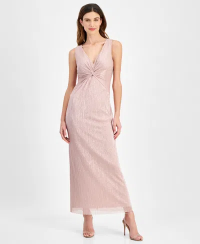 Connected Petite Metallic V-neck Twist-front Gown In Blush Pink