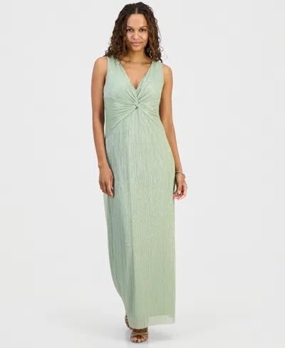 Connected Petite Metallic V-neck Twist-front Gown In Green