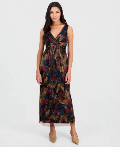 Connected Petite Metallic-print Twist-front Sleeveless Dress In Spice